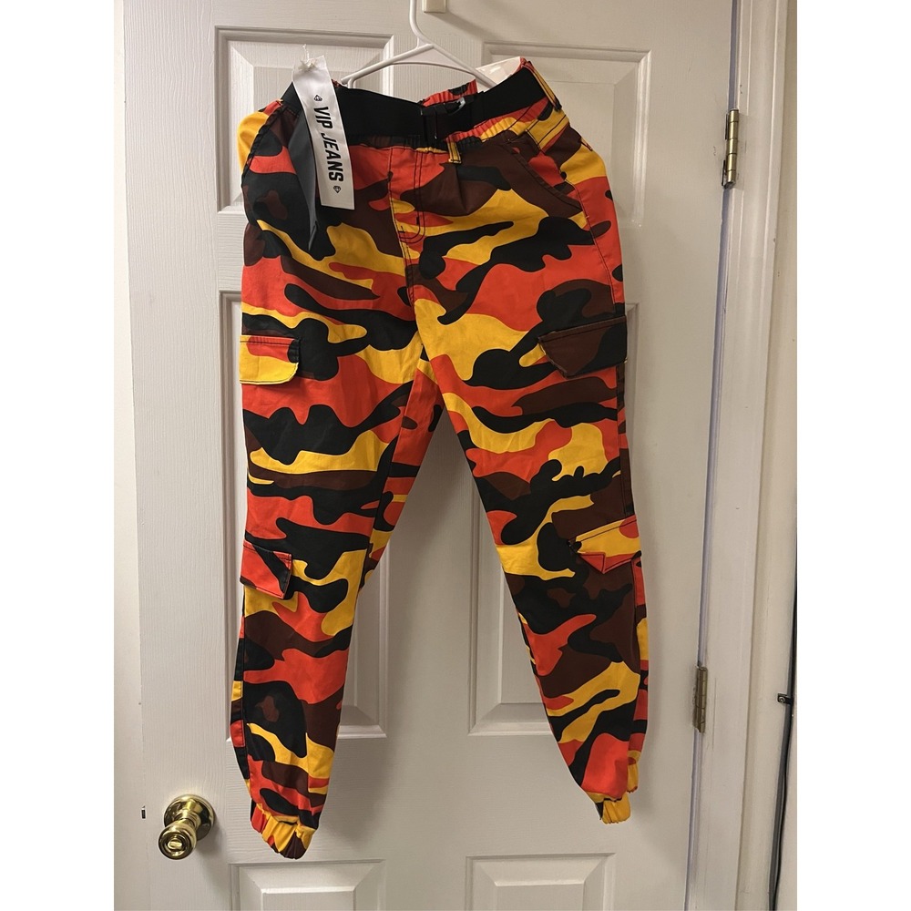 VIP Jeans Camo Cargo Joggers Orange Yellow Camouflage Pants Size 1/25 NWT